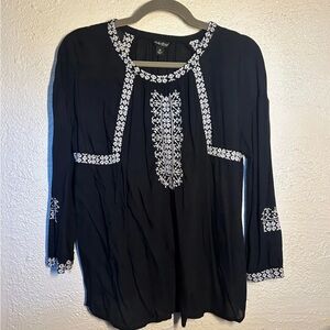 Lucky Brand Black Top with White Embroidery